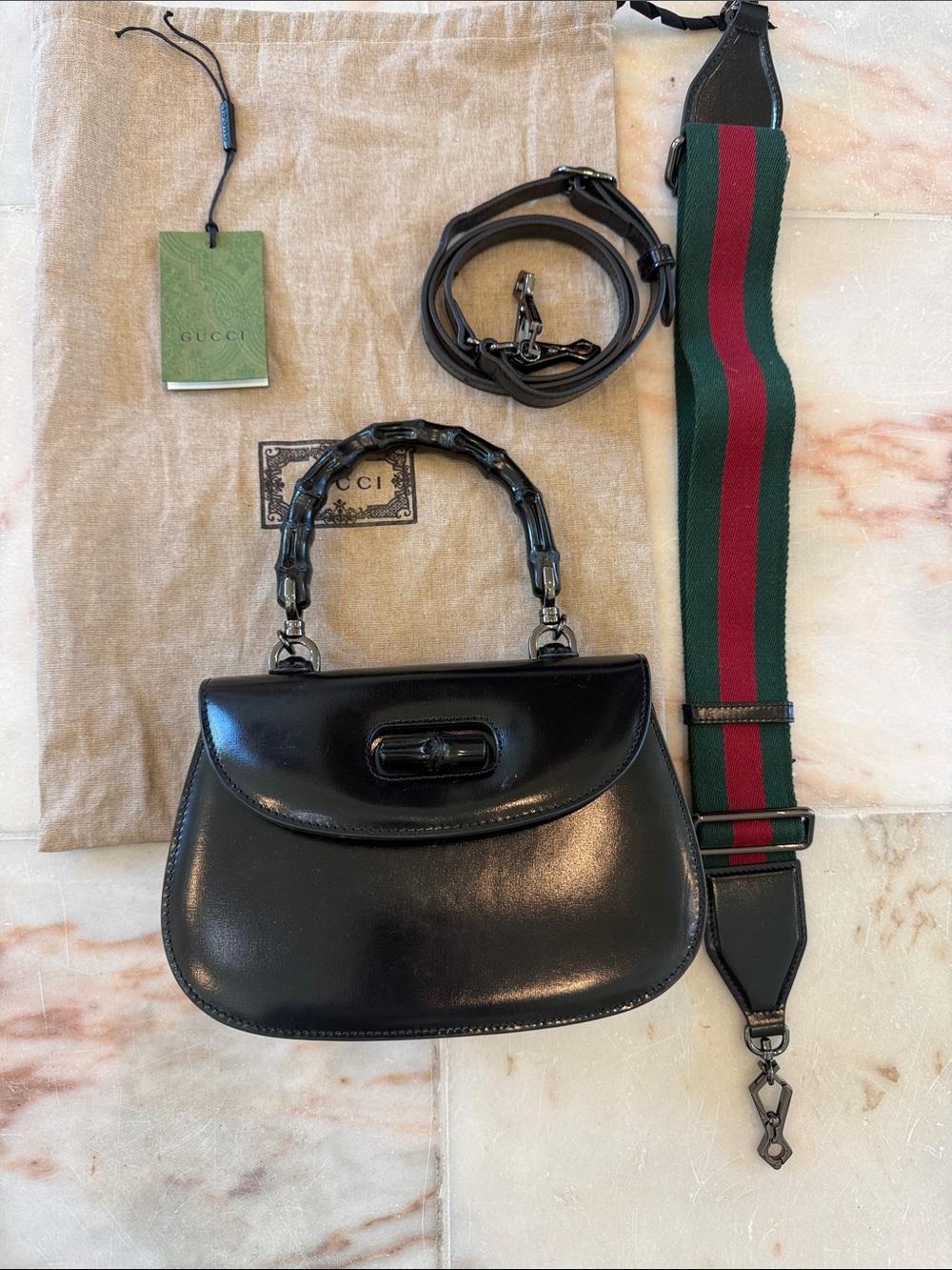 Gucci Black Leather Top Handle Shoulder Bag with Green-Red Web Strap